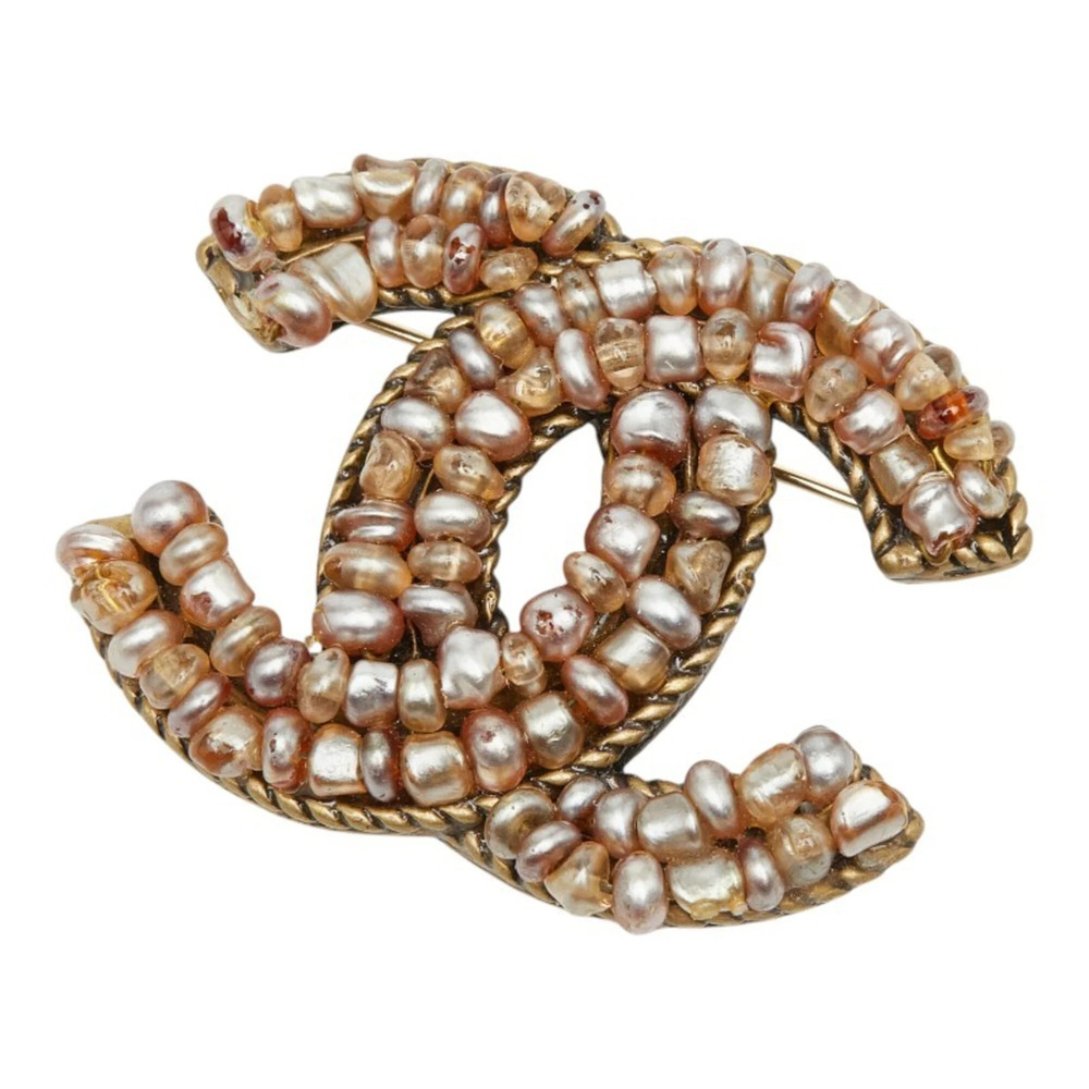 CHANEL Authentic Gold Pearl Logo Brooch - Picture 1 of 4